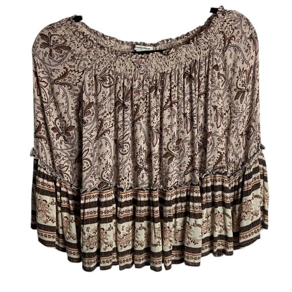 American Eagle Size S Off Shoulder Flared Sleeve Boho Top Neutral Brown Hippie - Picture 1 of 7